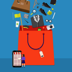 商業(yè)概念手機購物在線電子商務(wù)。目前由商家咨詢屏幕。矢量插圖